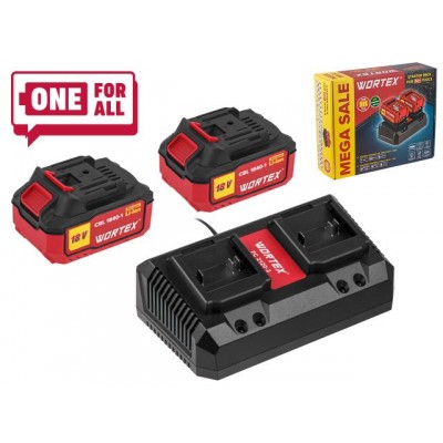 Набор аккумулятор 2х4 А*ч и зарядное устройство 2х2 А WORTEX ALL1 XLT в кор. SET (18.0 В, 2x4.0 А*ч, индикатор заряда, обрезиненный корпус, зарядное: 